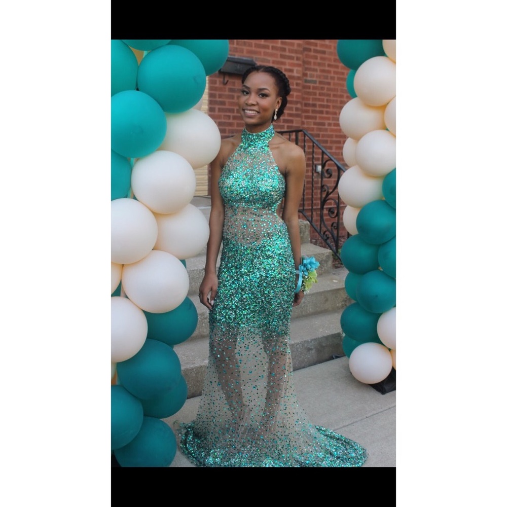 Nude and Turquoise Beaded Halter Dress